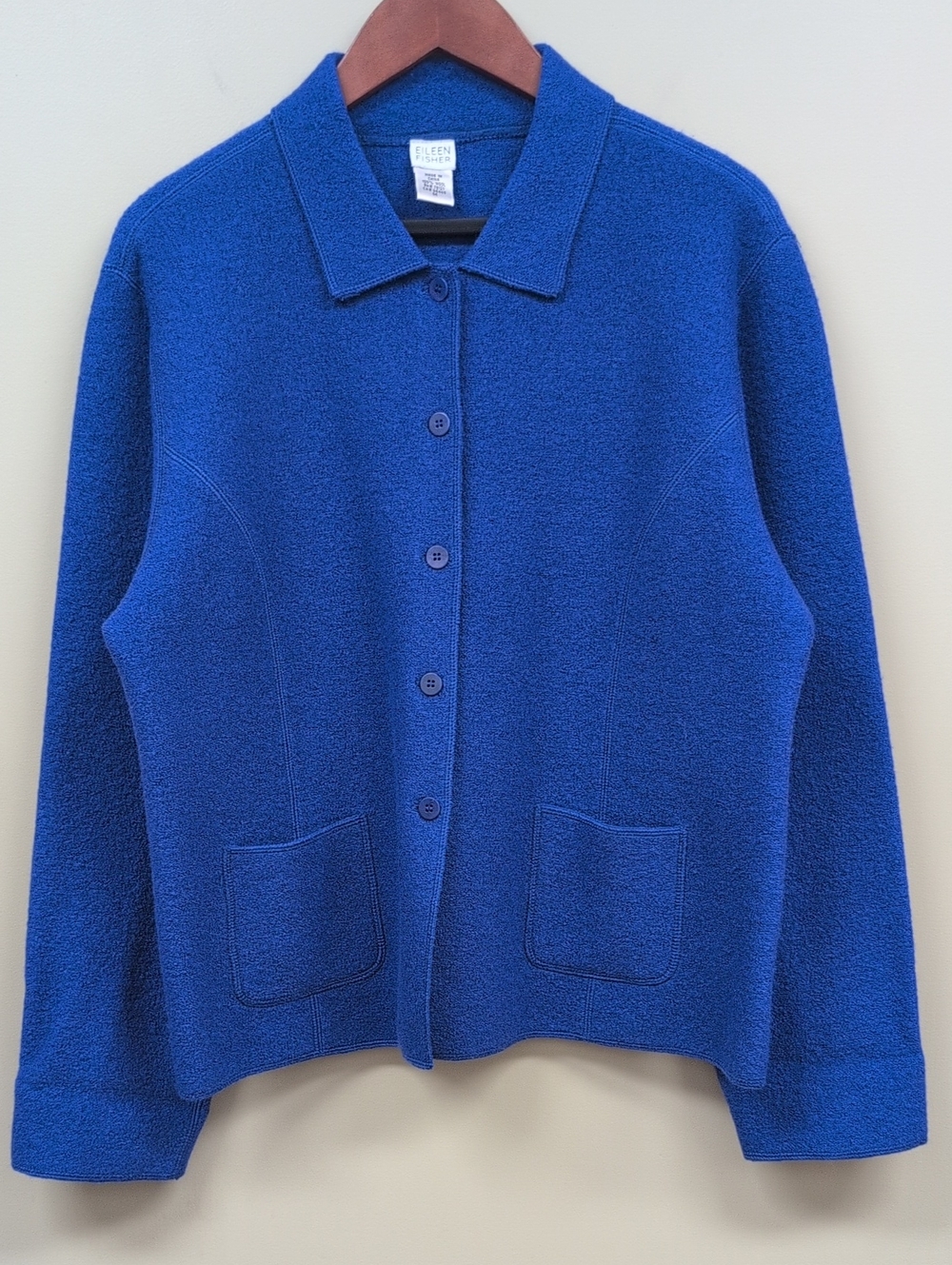 Eileen Fisher Vintage Boiled Wool Boxy Button Front Blue Cardigan Medium